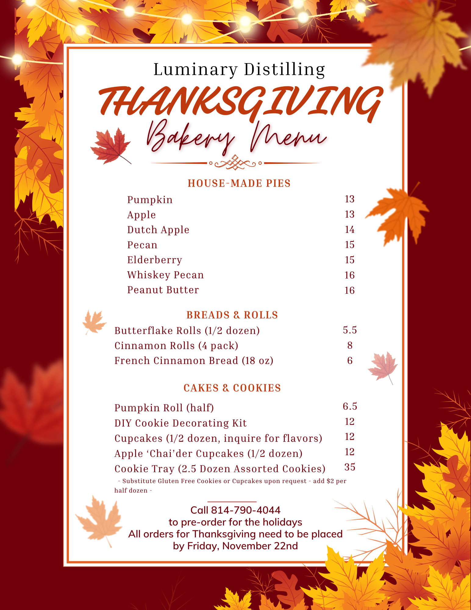 Thanksgiving Bakery Menu 2024