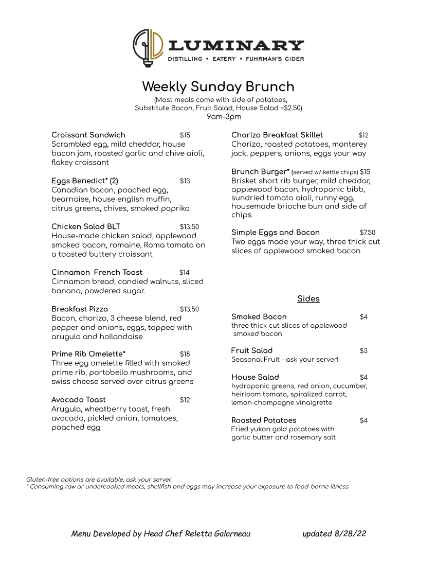 Distillery Eatery Food Menus Luminary Distilling LLC   Updated Sunday Brunch 8 28 22 Updated Pricing  ScaleMaxWidthWzEwMjRd 